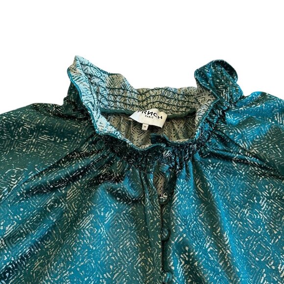 Frnch Gally Dress Green Metallic Long Sleeve Loose Fit Button Neck Size Medium - Picture 3 of 13